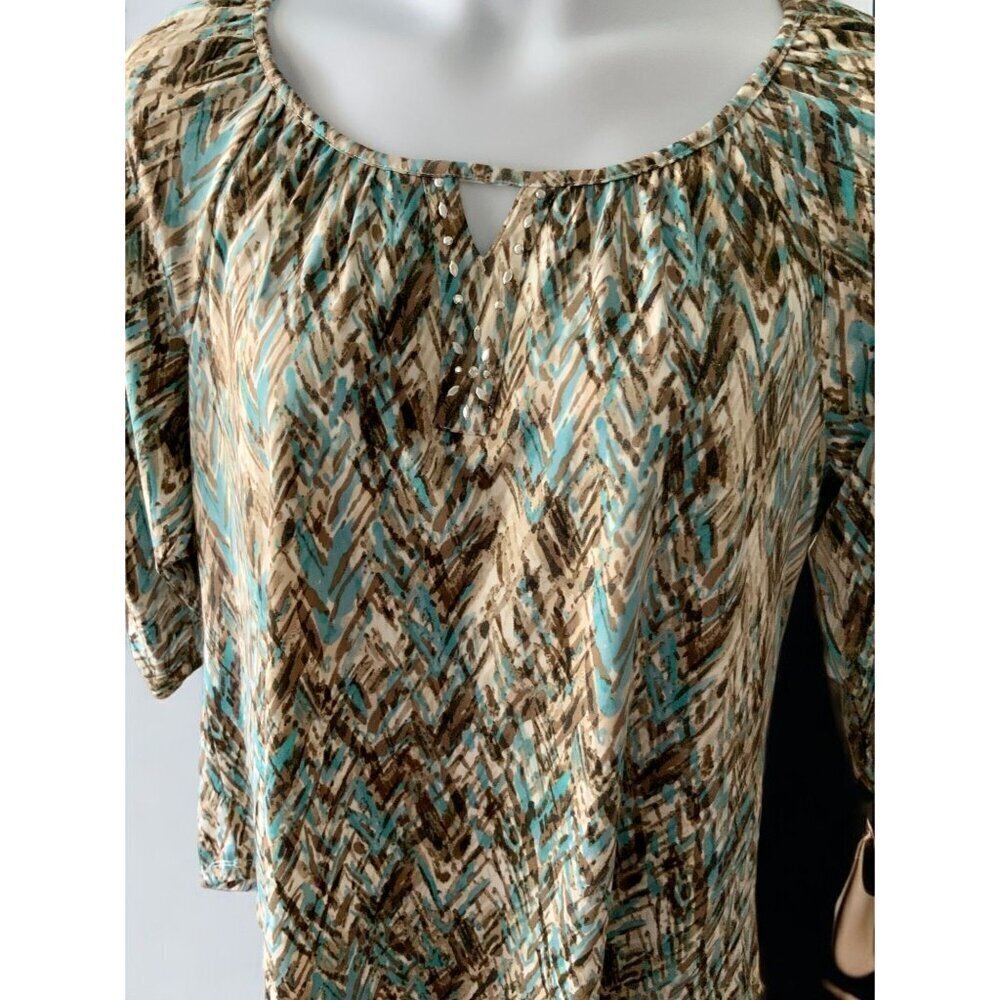 Southern Lady Womens Quarter Keyhole Ruched Sleeve Abstract Vneck Studded Top L